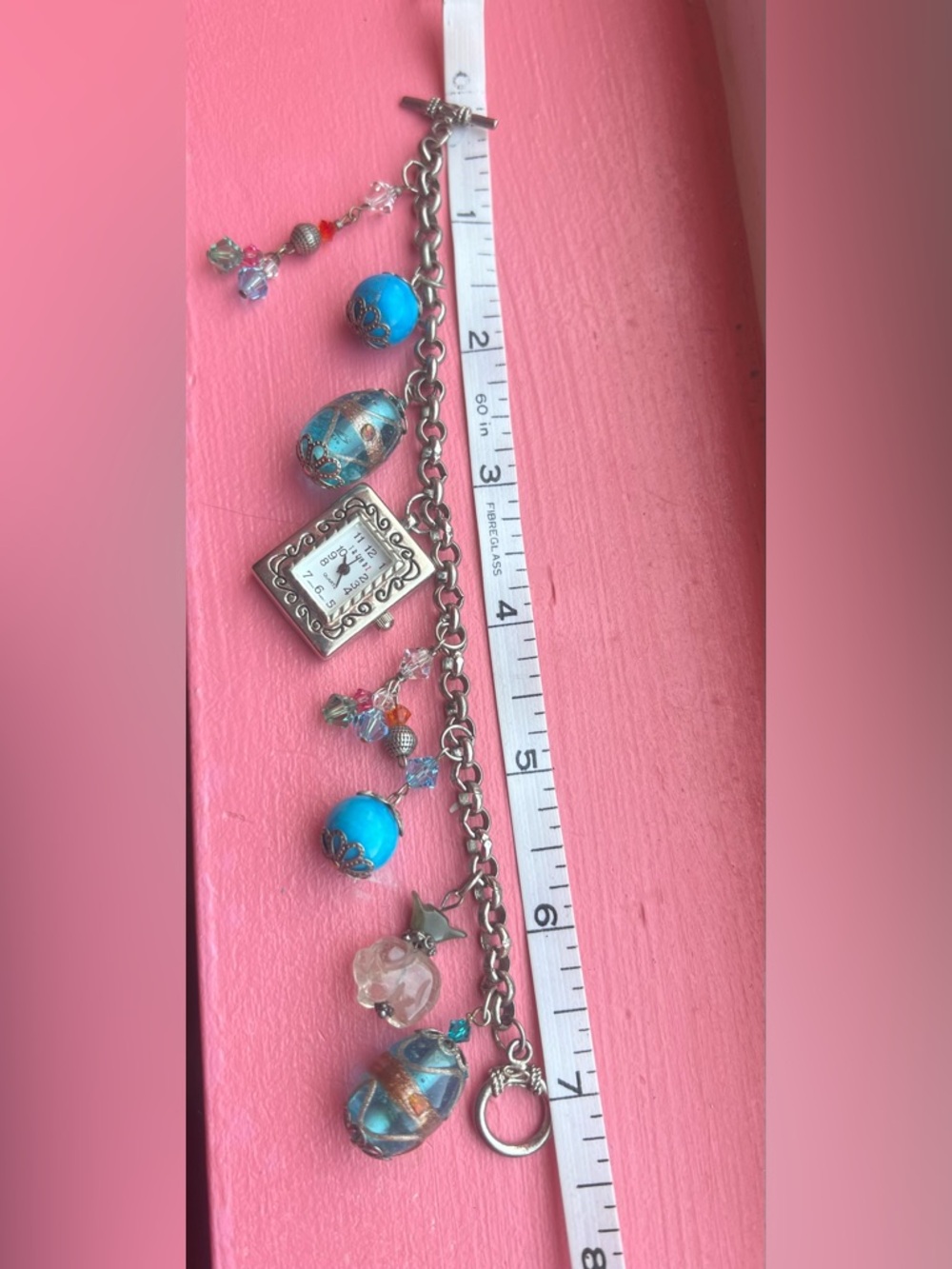 Handcrafted Turquoise Silver Charm Bracelet Watch